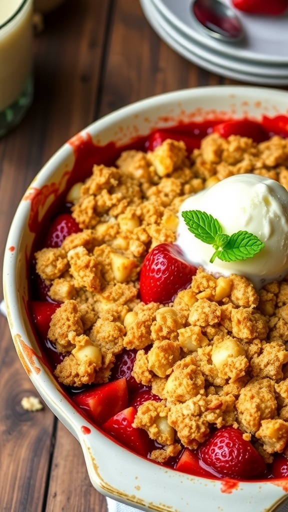 A warm strawberry crumble with golden topping and strawberries, served with vanilla ice cream in a rustic dish.